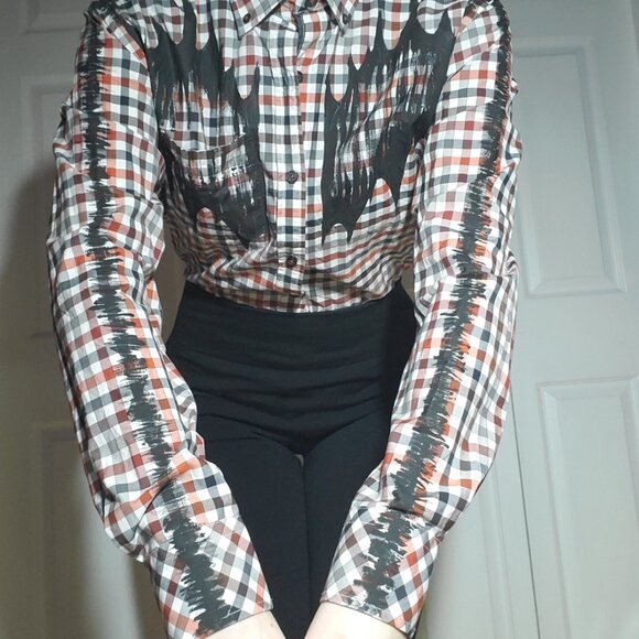 The Scarecrow, a red, orange, black & white cotton  checkered button-down shirt - Picture 7 of 15
